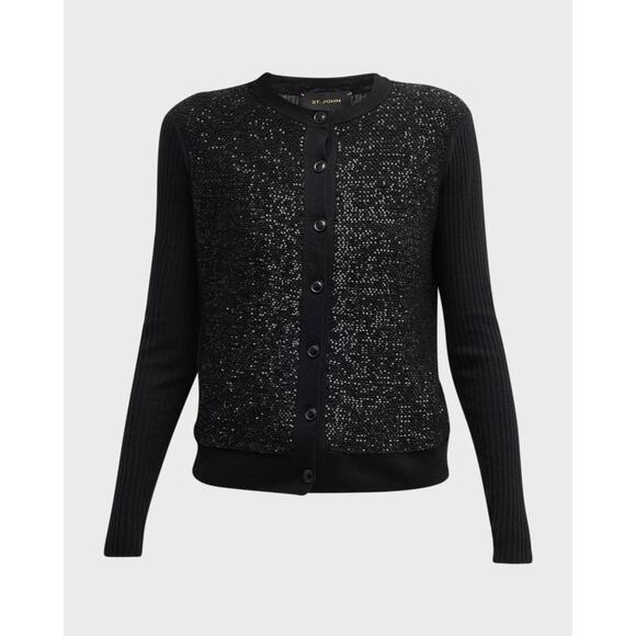 CURRENT St John Sequin-Front Wide Rib Knit Wool Silk Cardigan sz M $795 - Picture 11 of 13